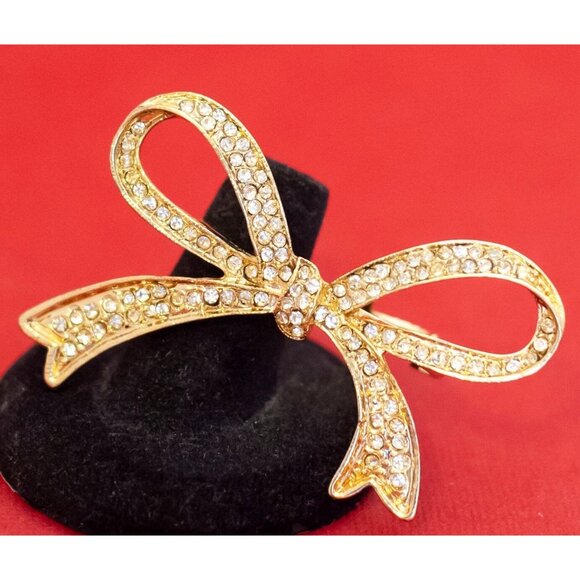 Size 8, Vintage Gold Tone Dainty Ribbon Rhinestone Adjustable Ring - F45 - Picture 2 of 3